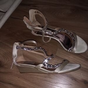 Badgley Mischka Gold Wedge Sandals with Rhinestones